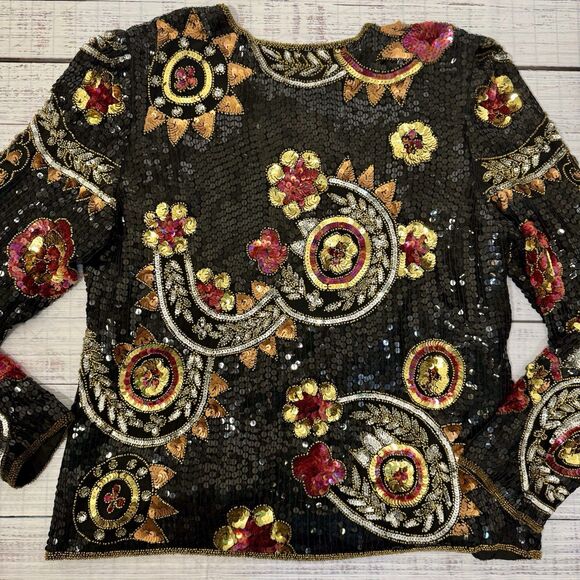 Laurence Kazar Vintage 80s Sequin Beaded Silk Jacket Black Women’s Medium - Picture 13 of 16